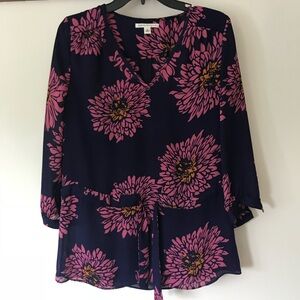 Floral V-Neck Blouse - Pink and Navy